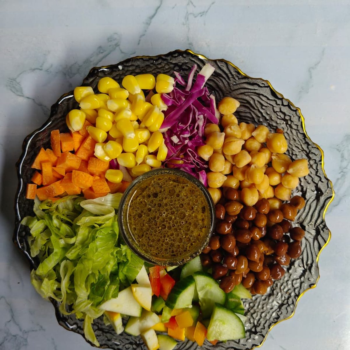 Corn Chickpea Salad bowl with a herb dressing